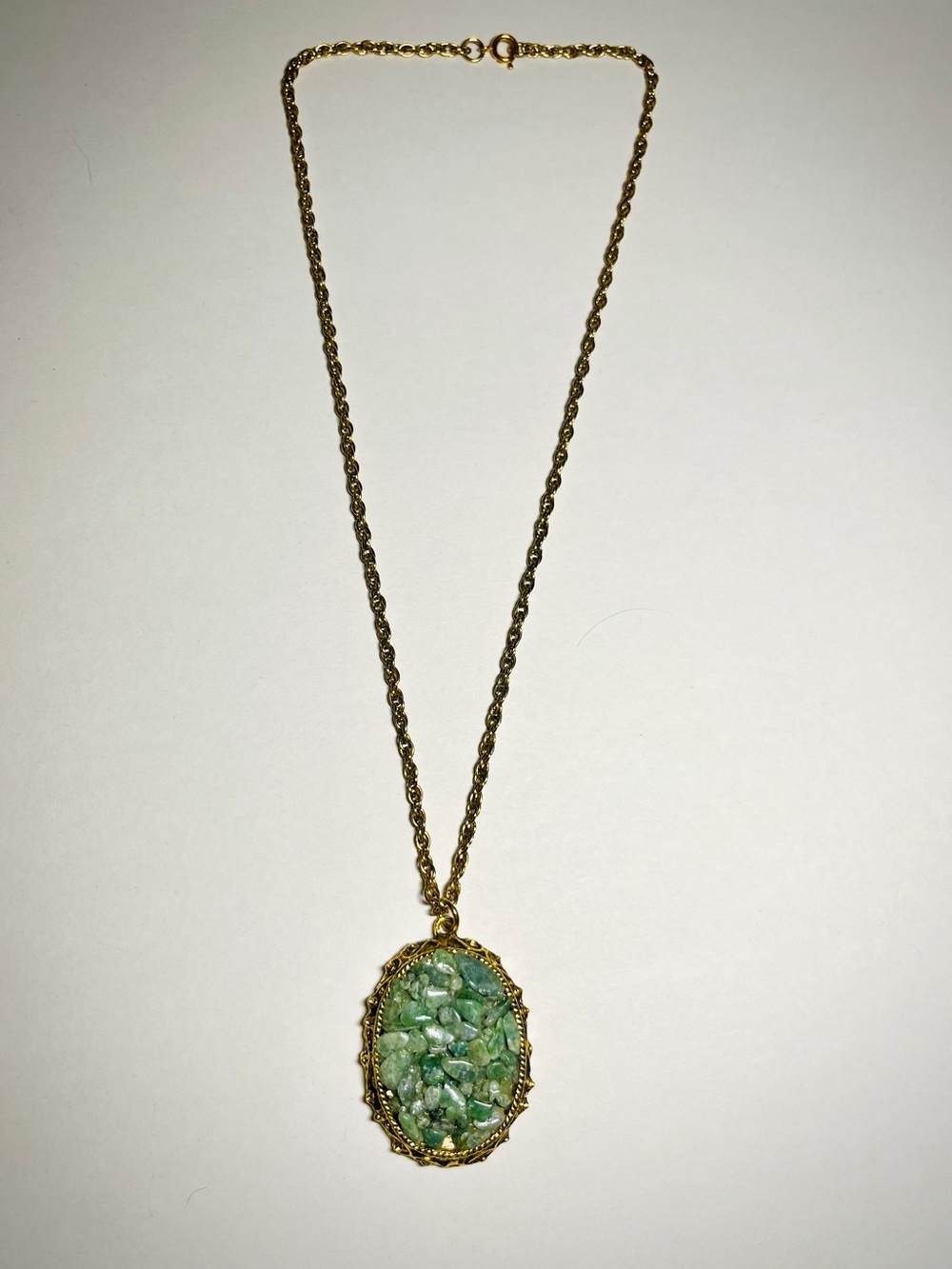 Vintage Costume Jade Chip Necklace with 10” Gold-tone Chain
